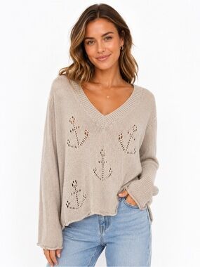 Wooden Ships Anchor Loose Knit Oversized Long Sleeve Slouchy Sweater Cream M L